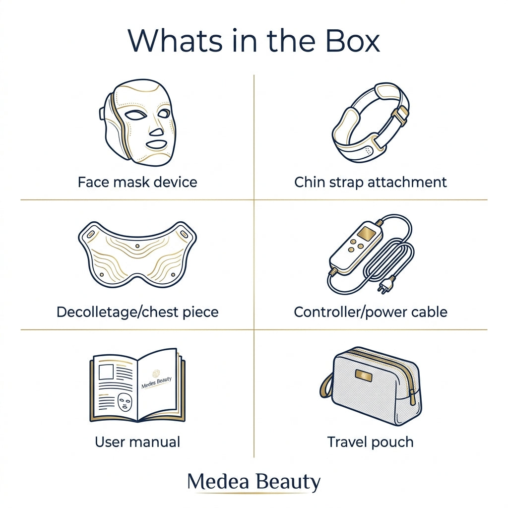 What's in the Box - Persephone Face Mask, Chin Strap, Chest Piece, Controller, Travel Pouch