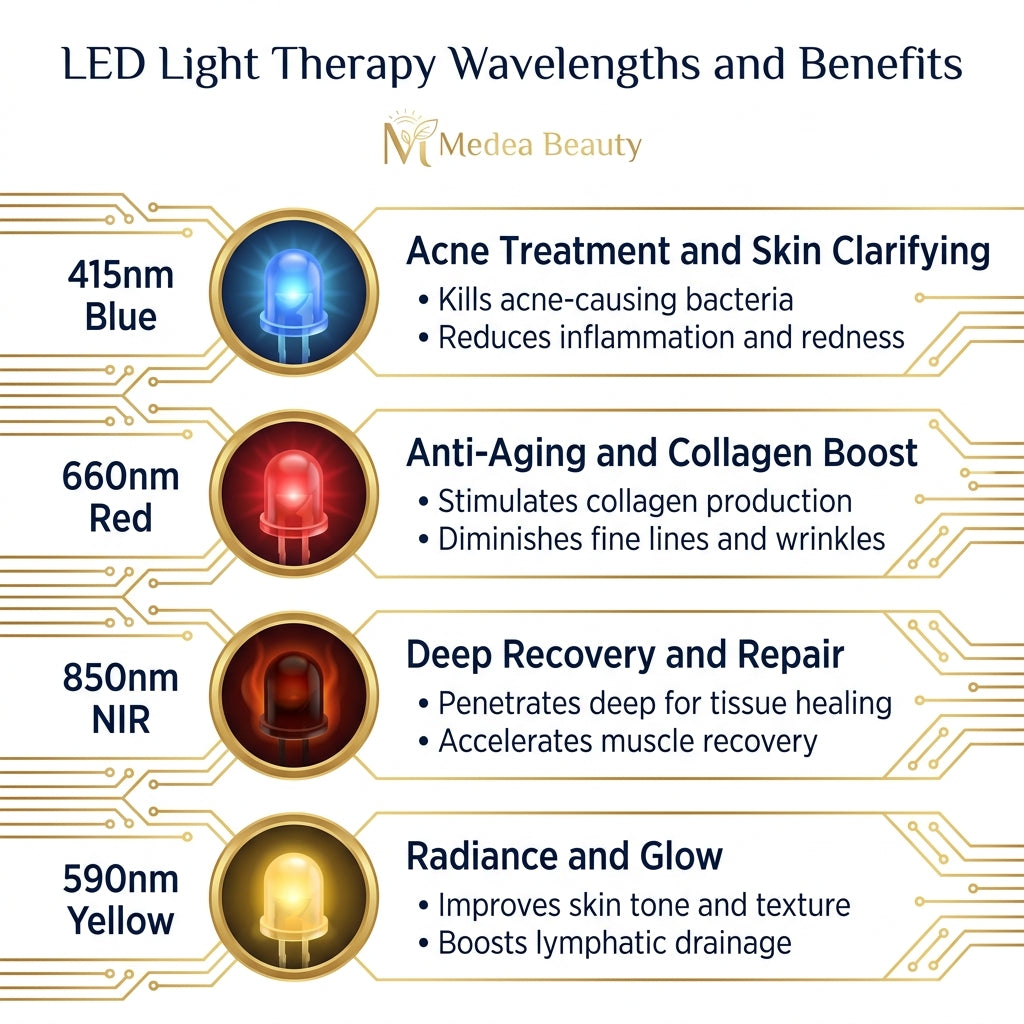 LED Light Therapy Wavelengths and Benefits - Acne, Anti-Aging, Recovery, Radiance