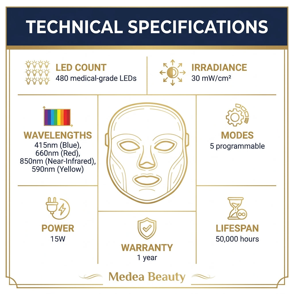 Persephone Technical Specifications - 480 LEDs, 30 mW/cm2, 4 Wavelengths