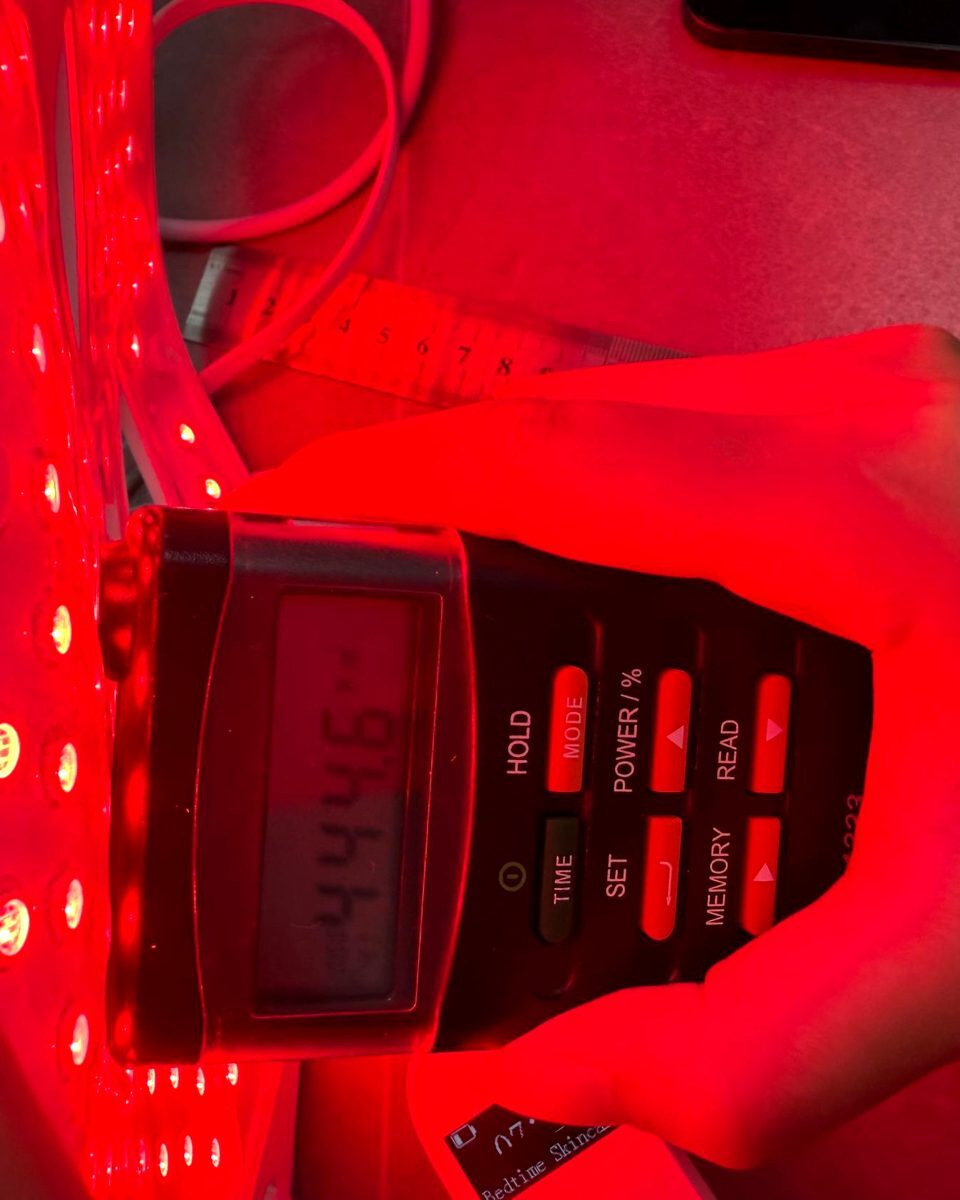Light meter reading at 0cm on the Persephone LED mask showing output above published spec